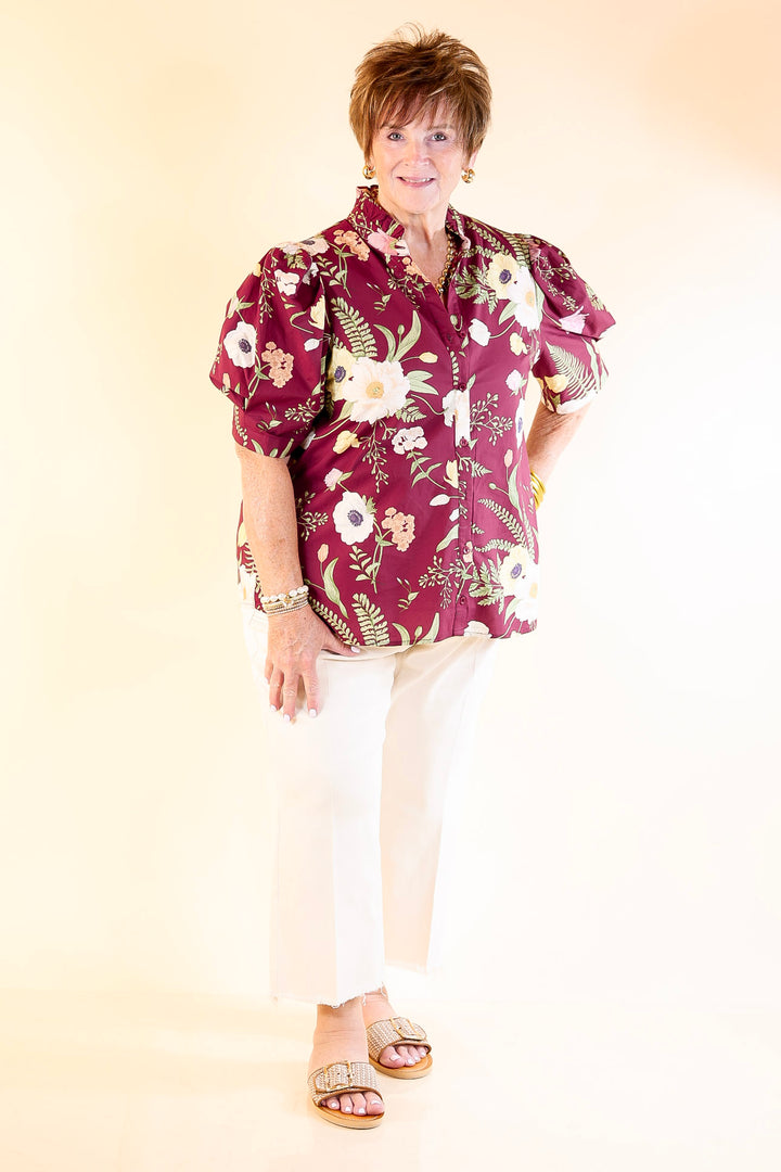 First Glance Button Up Puff Sleeve Floral Print Top in Maroon