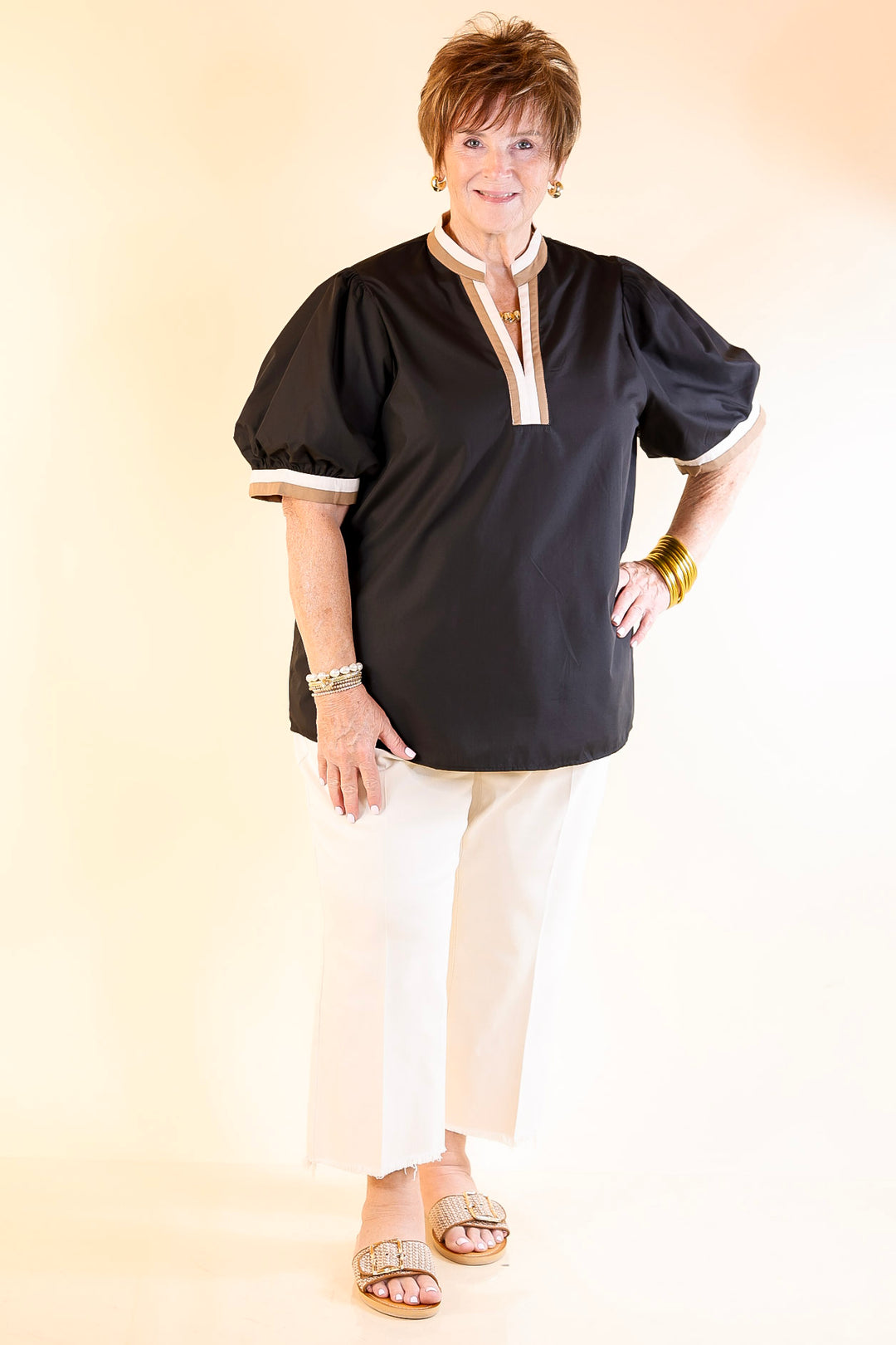 Standout Style V Neck Top with Short Balloon Sleeves and Natural Color Trim in Black