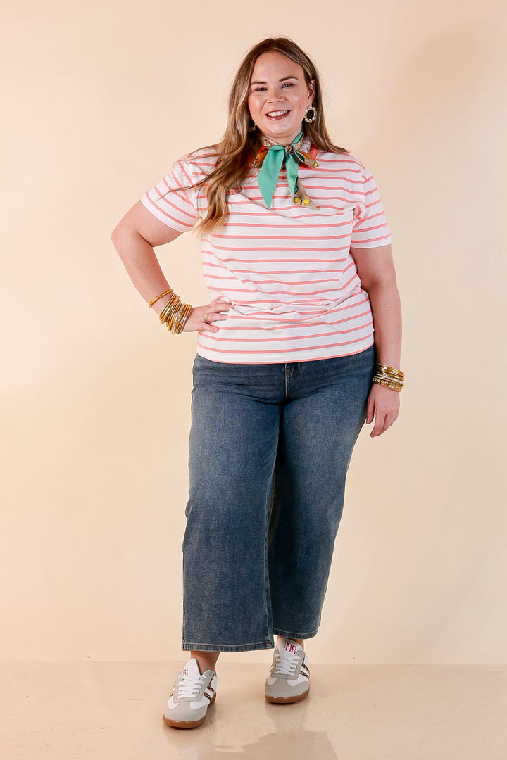 The Daily Stripe Scoop Neck Short Sleeve Striped Tee Top in Coral Orange