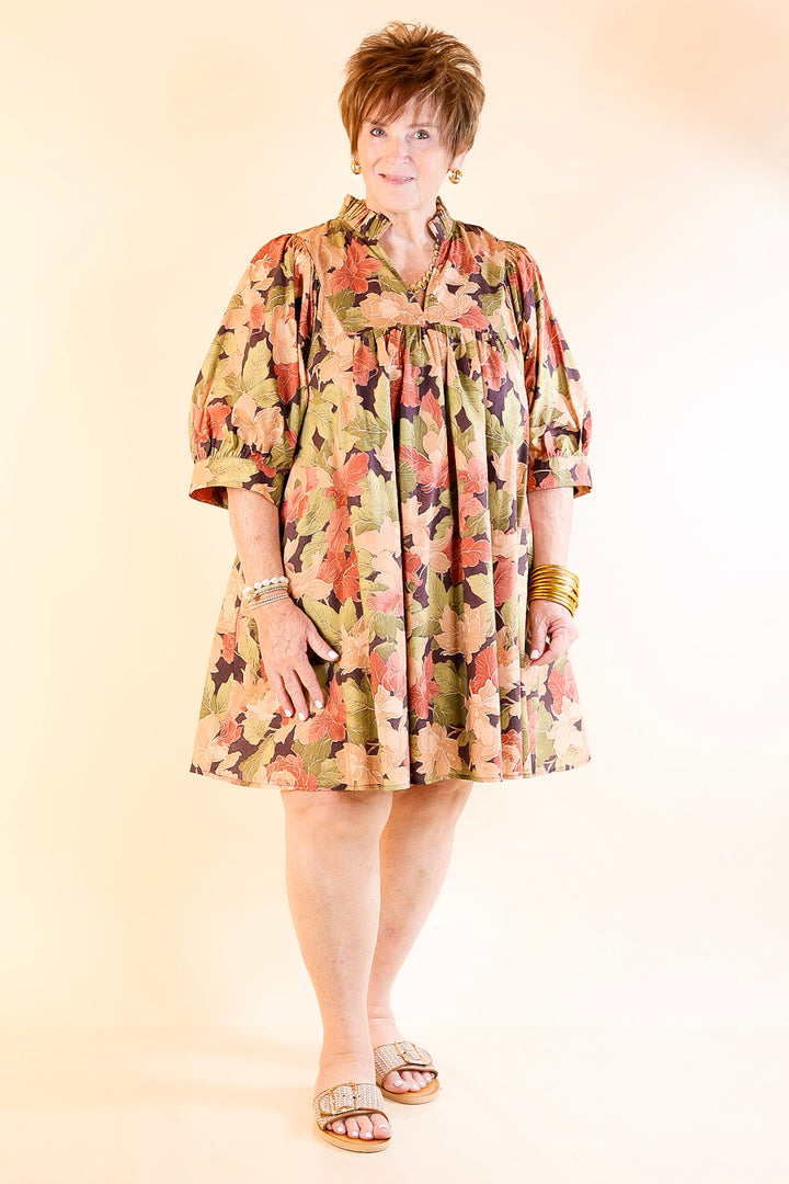 Endless Possibilities Floral Babydoll Dress with Puff Sleeves in Beige, Navy and Rust