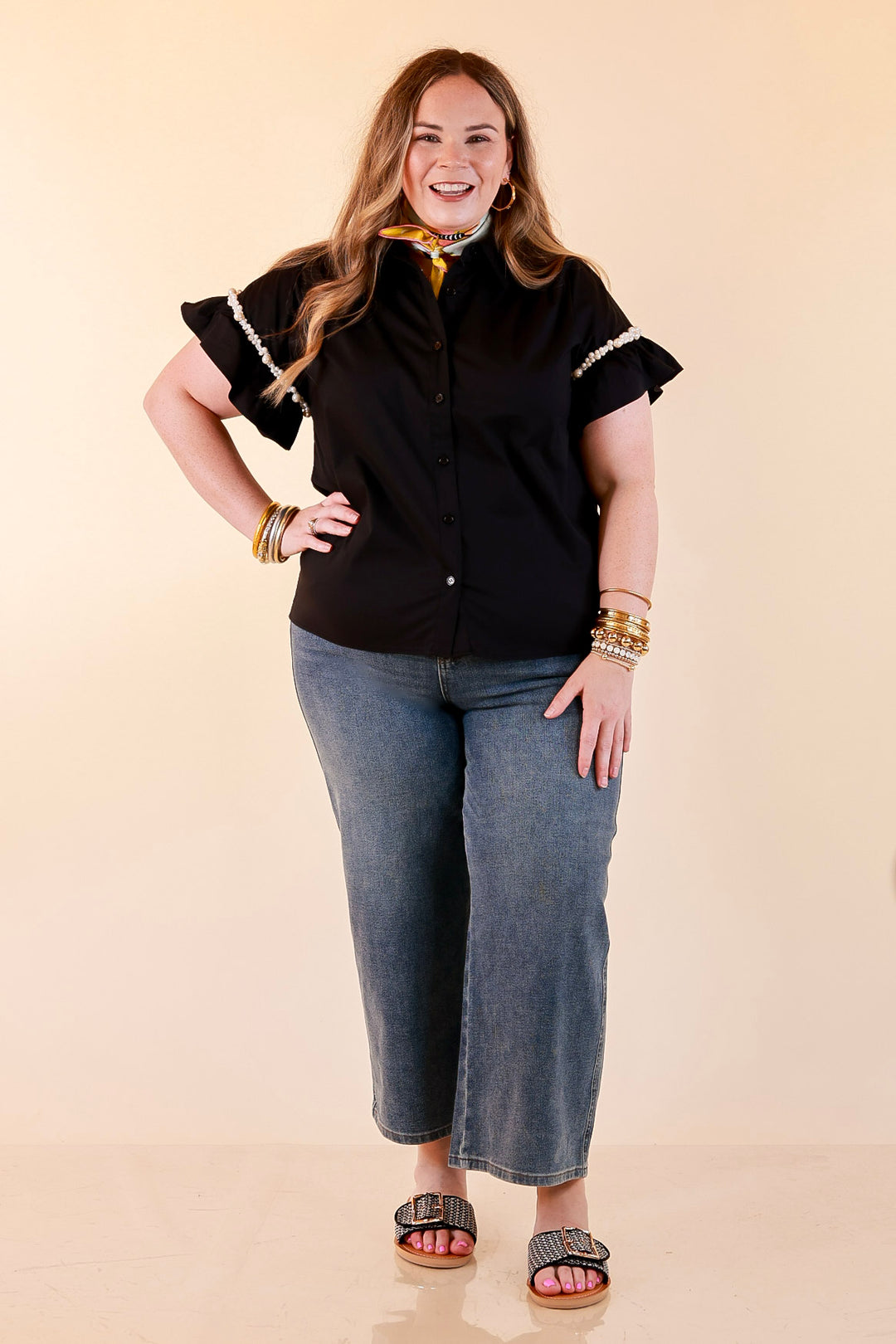 Pearl Perfection Pearl Trim Ruffle Sleeve Button Front Top in Black