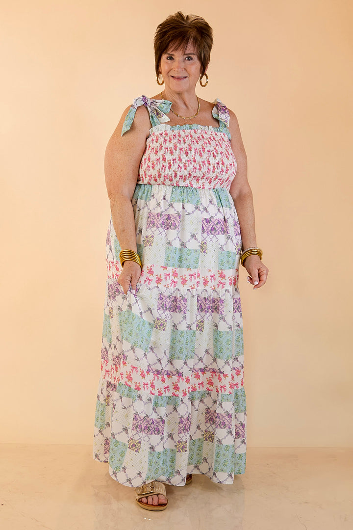 Simply Southern | Spring Symphony Patchwork Print Smocked Maxi Dress with Shoulder Ties and Tiered Skirt in Multi Floral