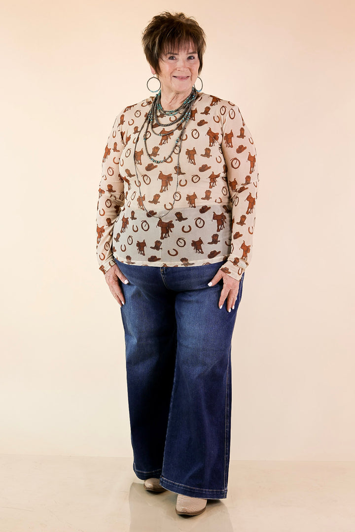 The Perfect Layer Western Icons Print Mesh Long Sleeve Top in Cream and Brown