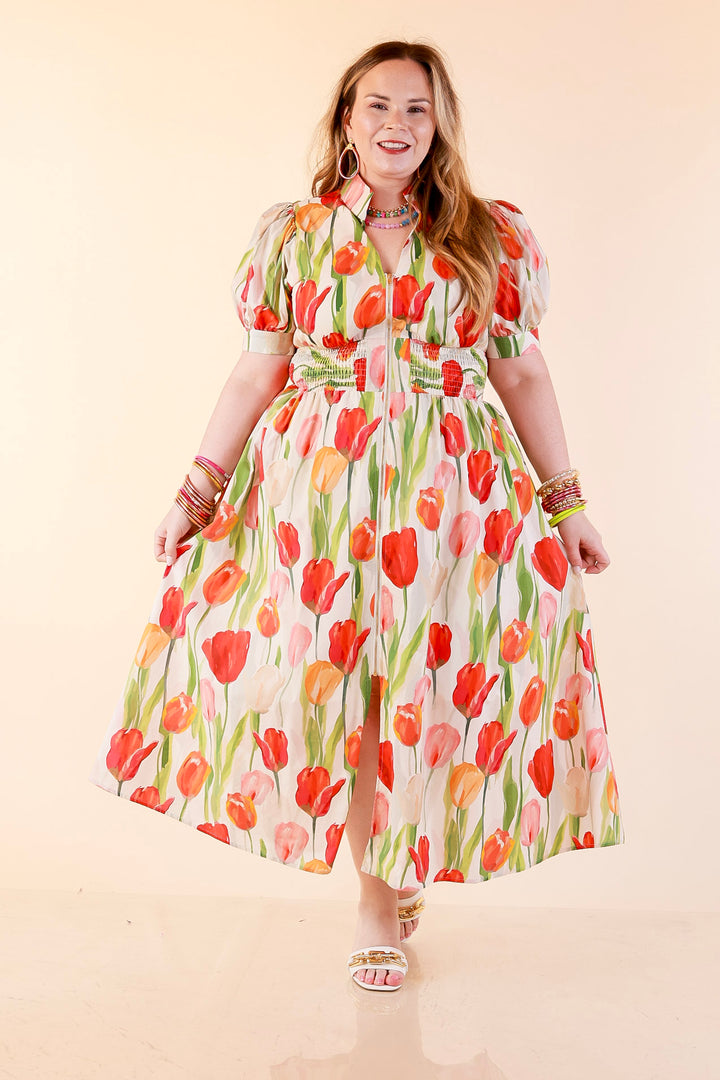 Modern Charm Zip Front Midi Tulip Print Dress with Smocked Waist and Short Sleeves in Cream