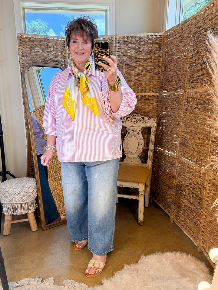 Crisp and Collected Stripe Button Front Collared Top with Puff Short Sleeves in Pink and White