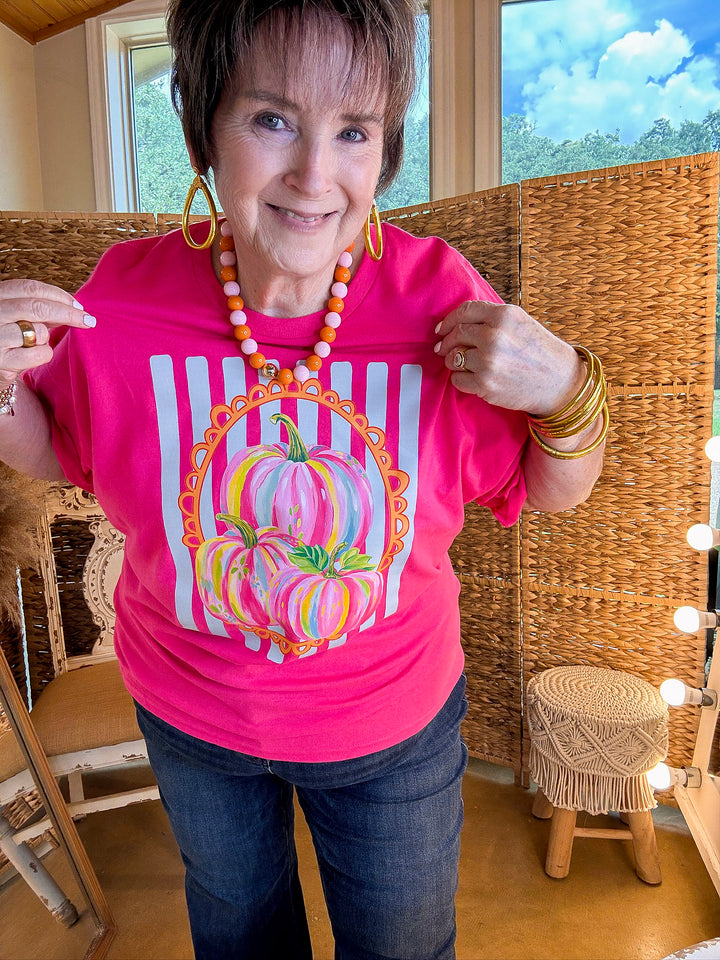 Fall in Full Color Stripe Watercolor Pumpkin Fall Graphic Tee in Hot Pink