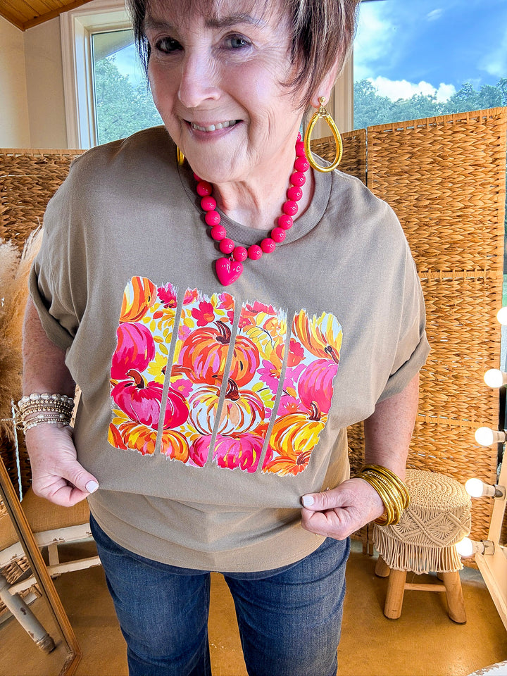 Art of the Season Painted Pumpkin and Floral Watercolor Stripes Fall Graphic Tee in Brown