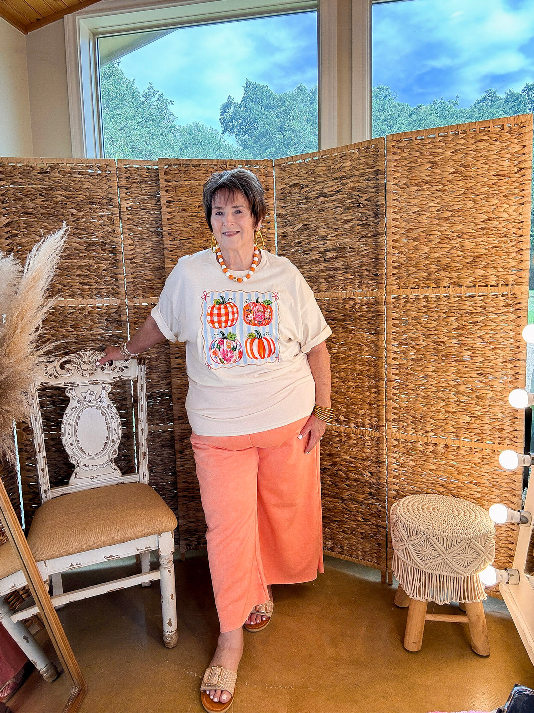 Prettiest in the Patch Stripe and Pumpkin Fall Graphic Tee in Natural