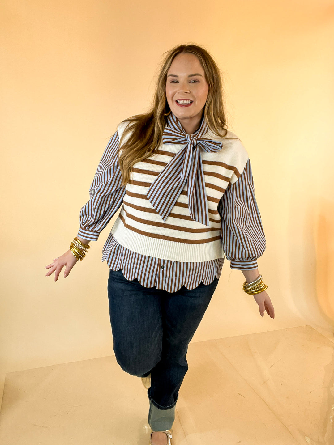 In Good Company Striped Bow Neck Scalloped Hem Blouse in Blue and Brown