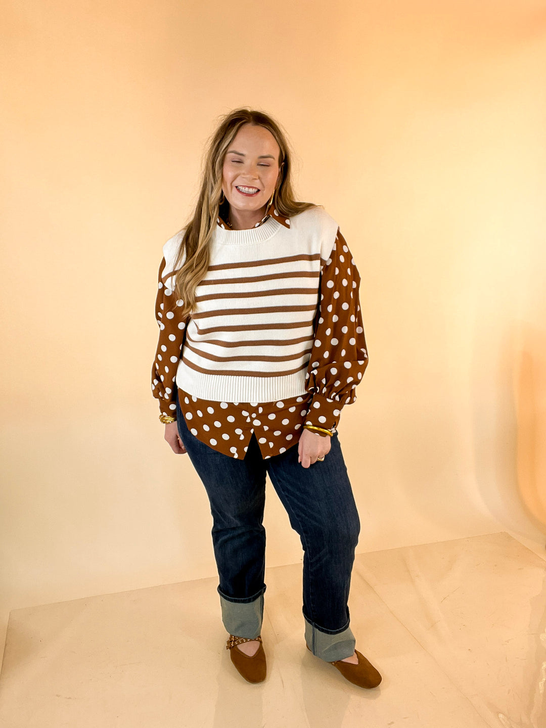Stripe Things Up Drop Shoulder Knit Sweater in White with Tan Stripes