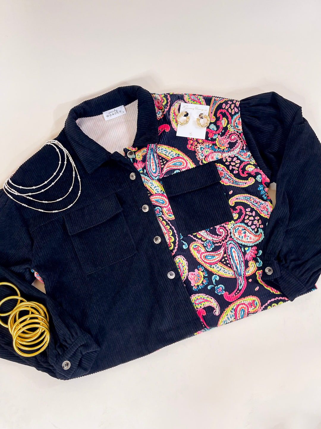 Manhattan Breeze Corduroy Button Up Shacket with Multicolor Paisley Print in Black