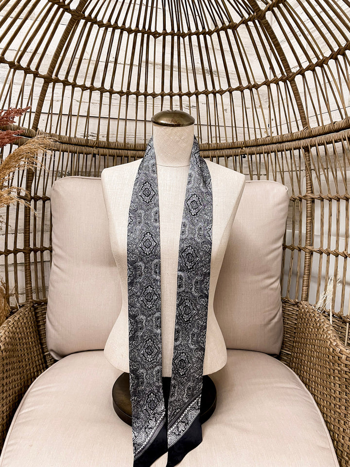 Wyoming Traders | Paisley Print Silk Twilly Scarf in Silver and Black