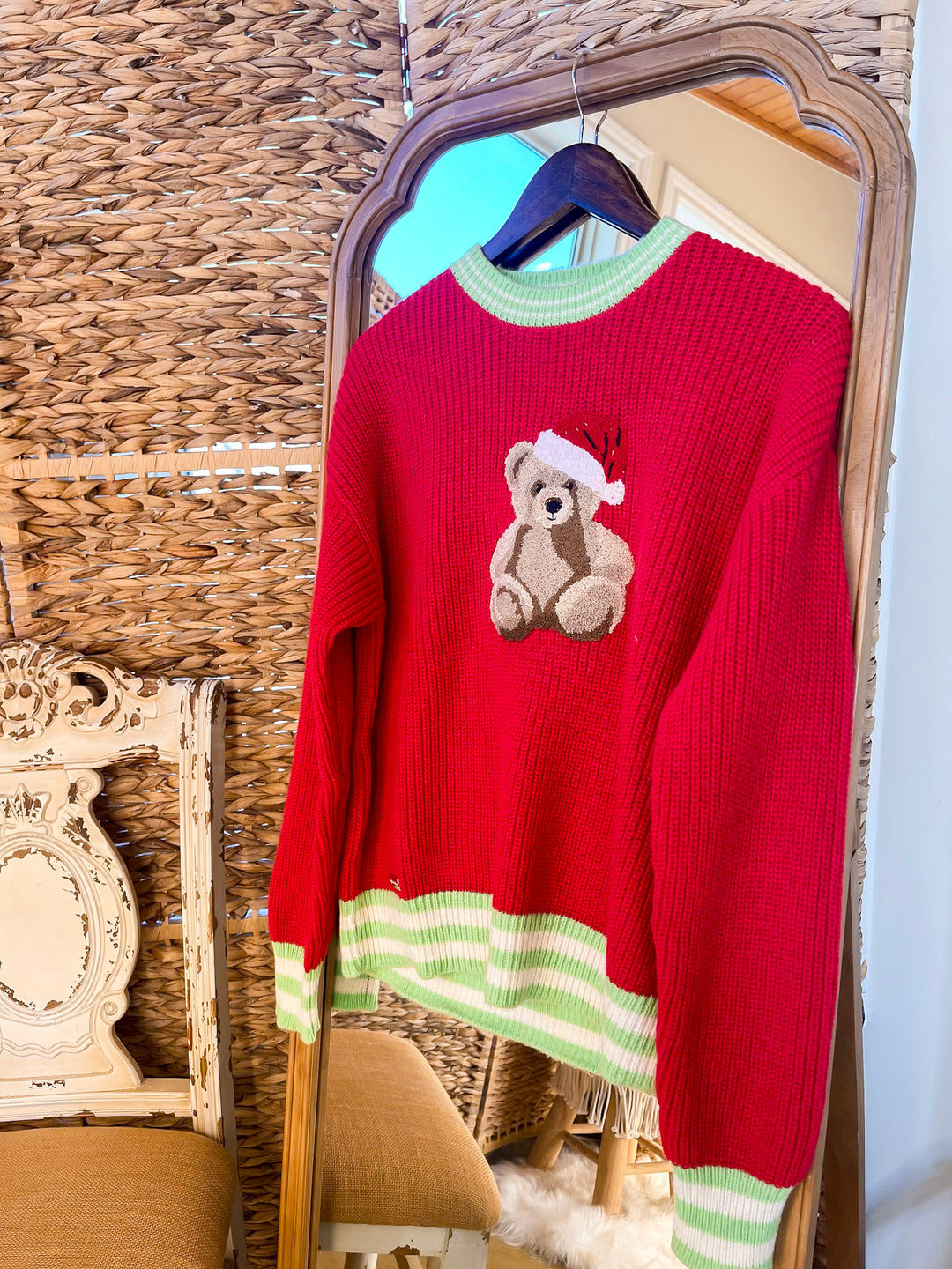Simply Southern | Beary Merry Crewneck Sweater with Teddy Bear Graphic and Green Trim in Red