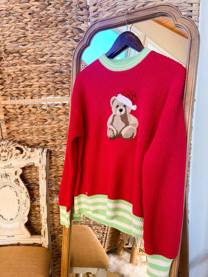 Simply Southern | Beary Merry Crewneck Sweater with Teddy Bear Graphic and Green Trim in Red