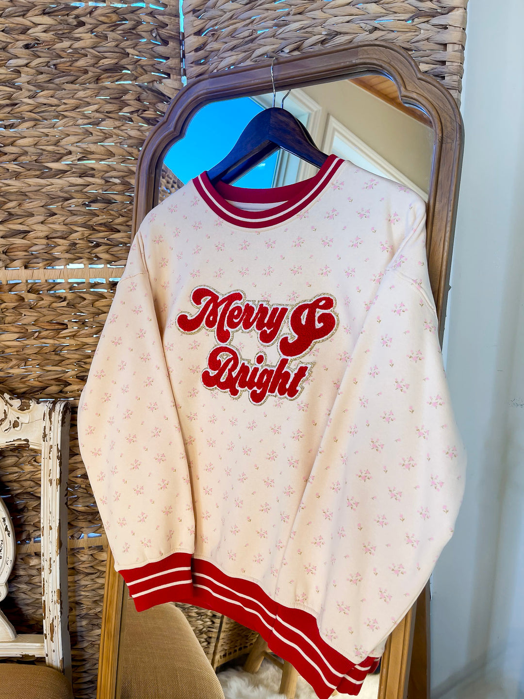 Simply Southern | Holiday Cheer Club Merry & Bright Floral Varsity Sweatshirt in Ivory