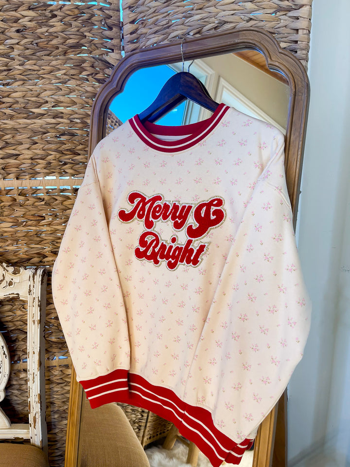 Simply Southern | Holiday Cheer Club Merry & Bright Floral Varsity Sweatshirt in Ivory