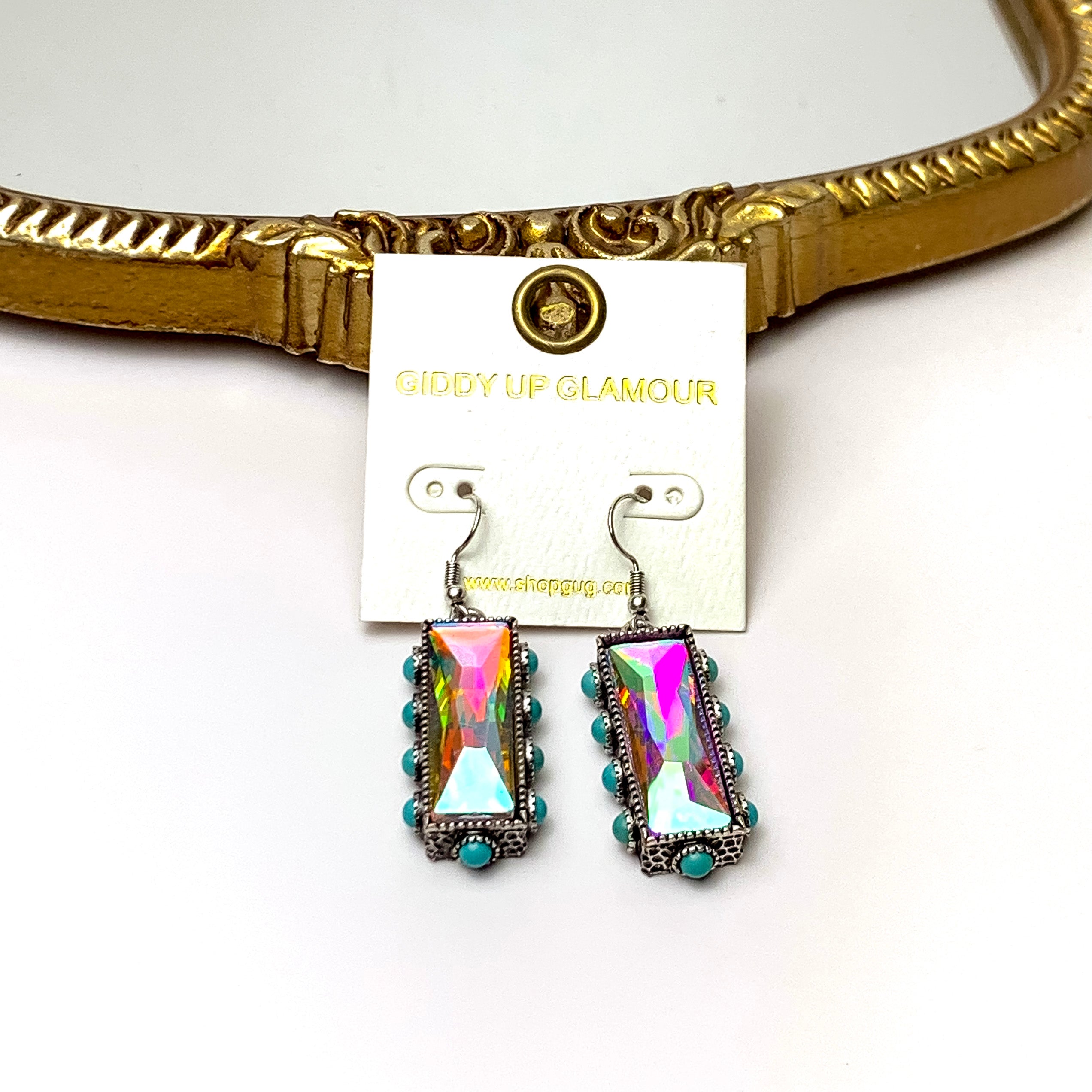 AB Crystal Bar Drop Earrings with Faux Turquoise Border Accents - Giddy Up Glamour Boutique