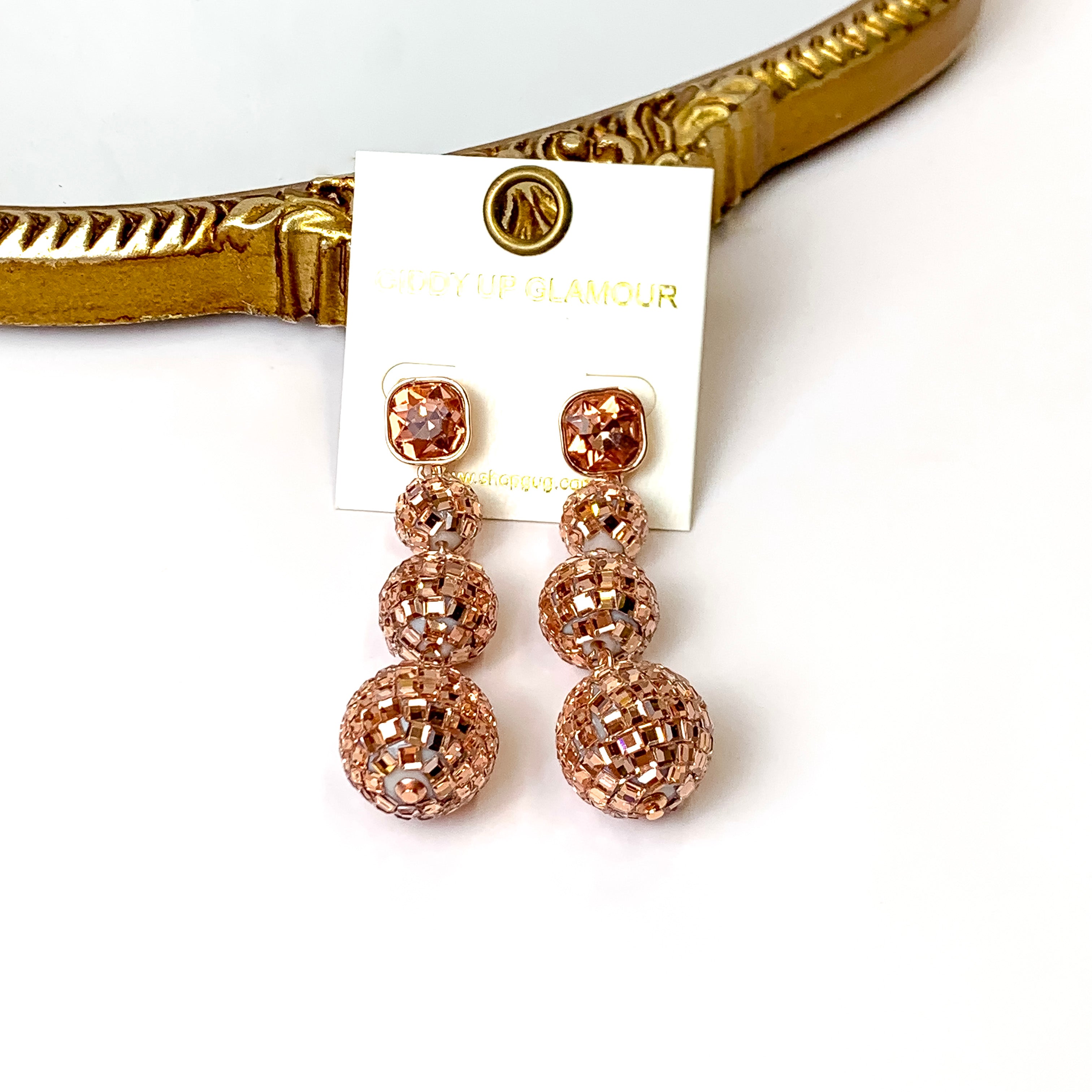Cushion Crystal Post Disco Ball Dangle Earrings in Rose Gold Tone - Giddy Up Glamour Boutique