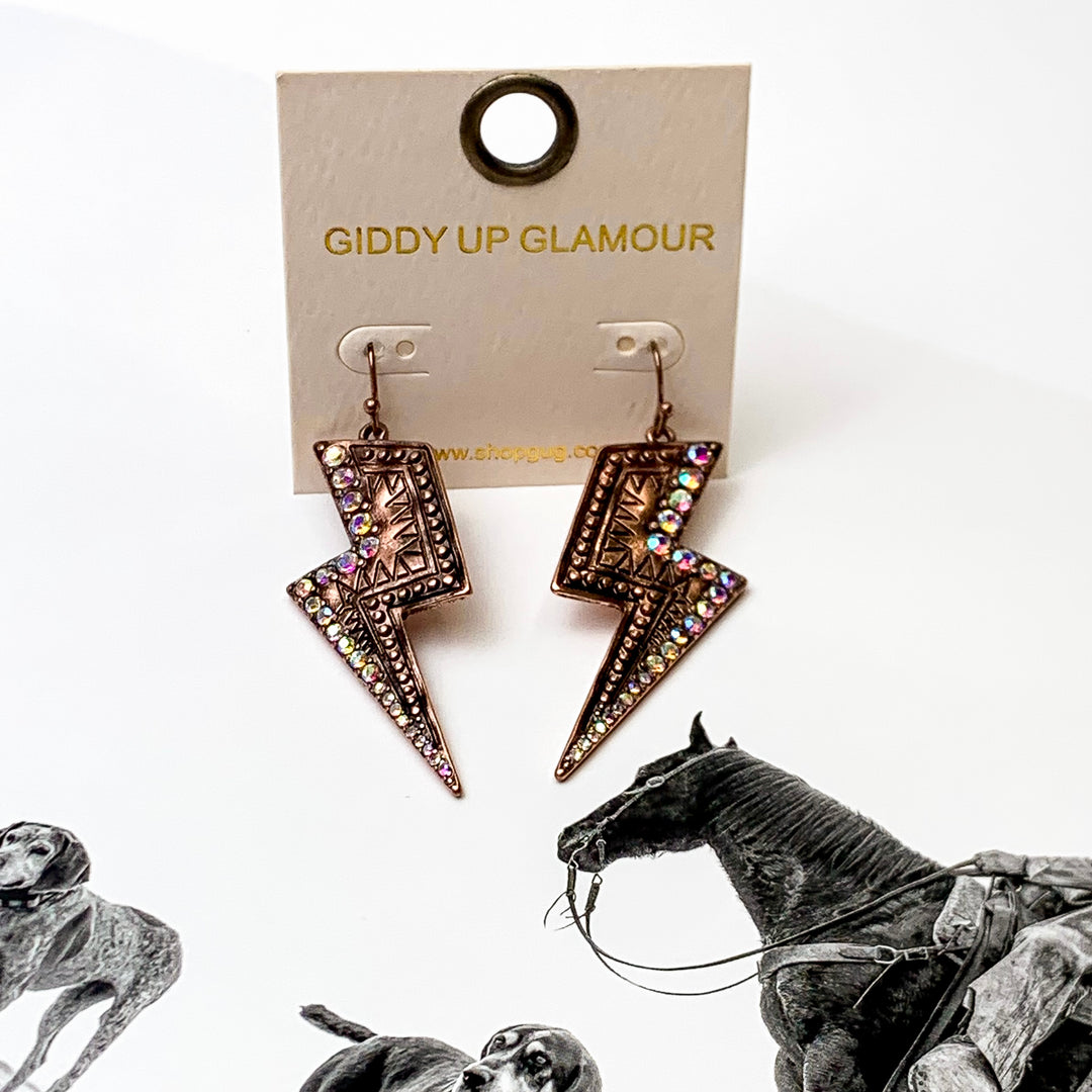Thunderstruck Copper Tone Earrings with AB Crystal Accents - Giddy Up Glamour Boutique