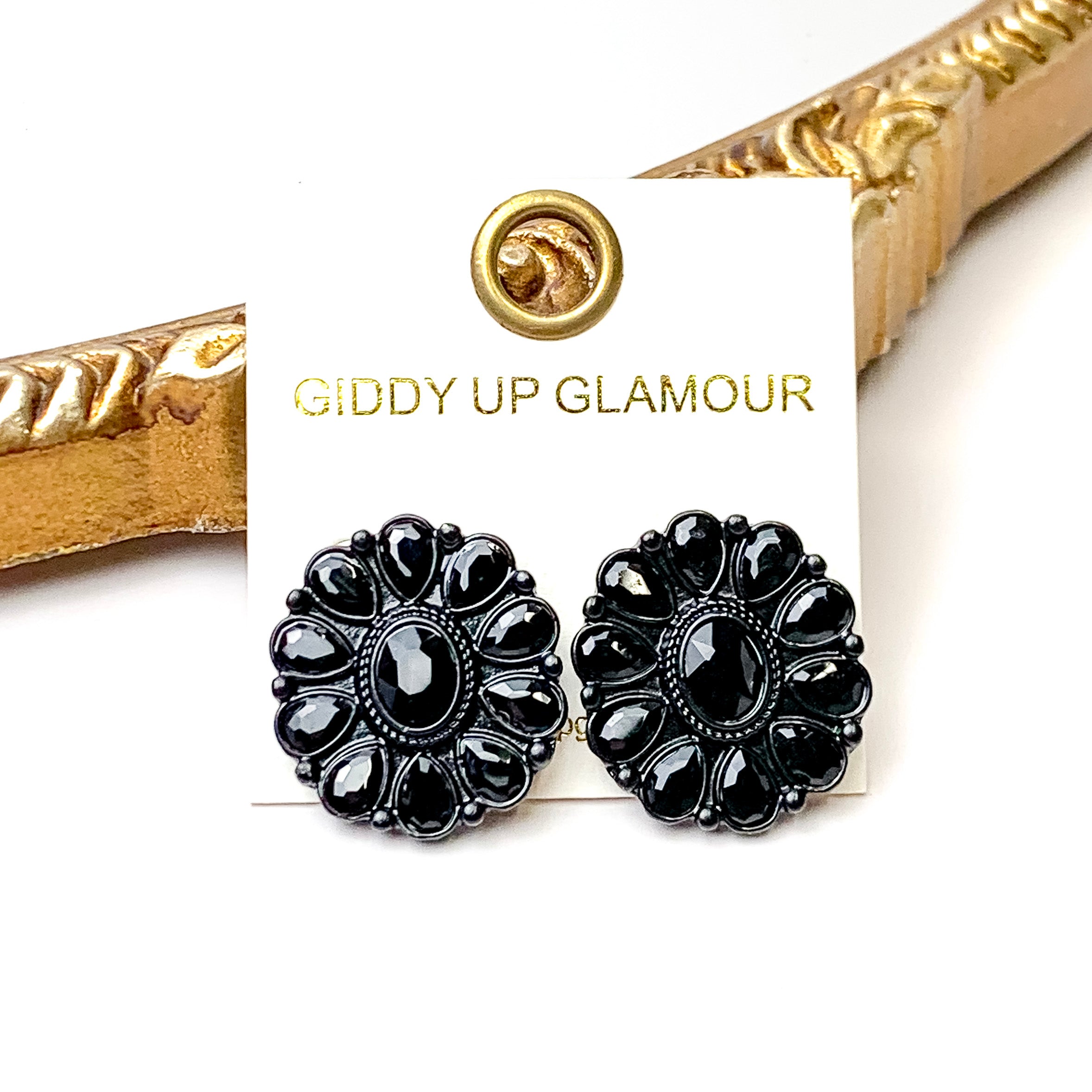 Prismatic Petal Black Stone Flower Concho Stud Earrings - Giddy Up Glamour Boutique