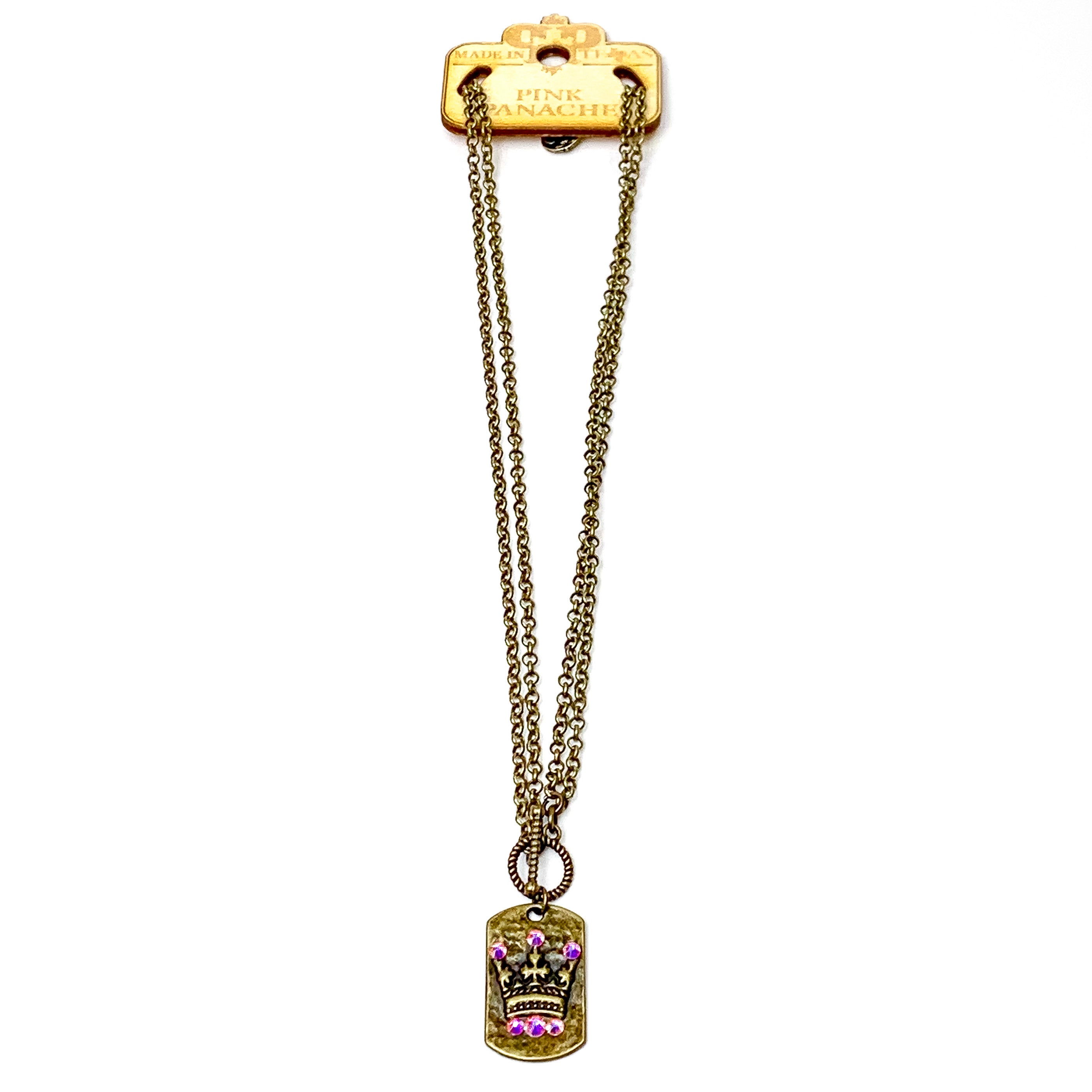 Pink Panache | Crowned Jewel Bronze Tone Necklace with AB Crystal Accents