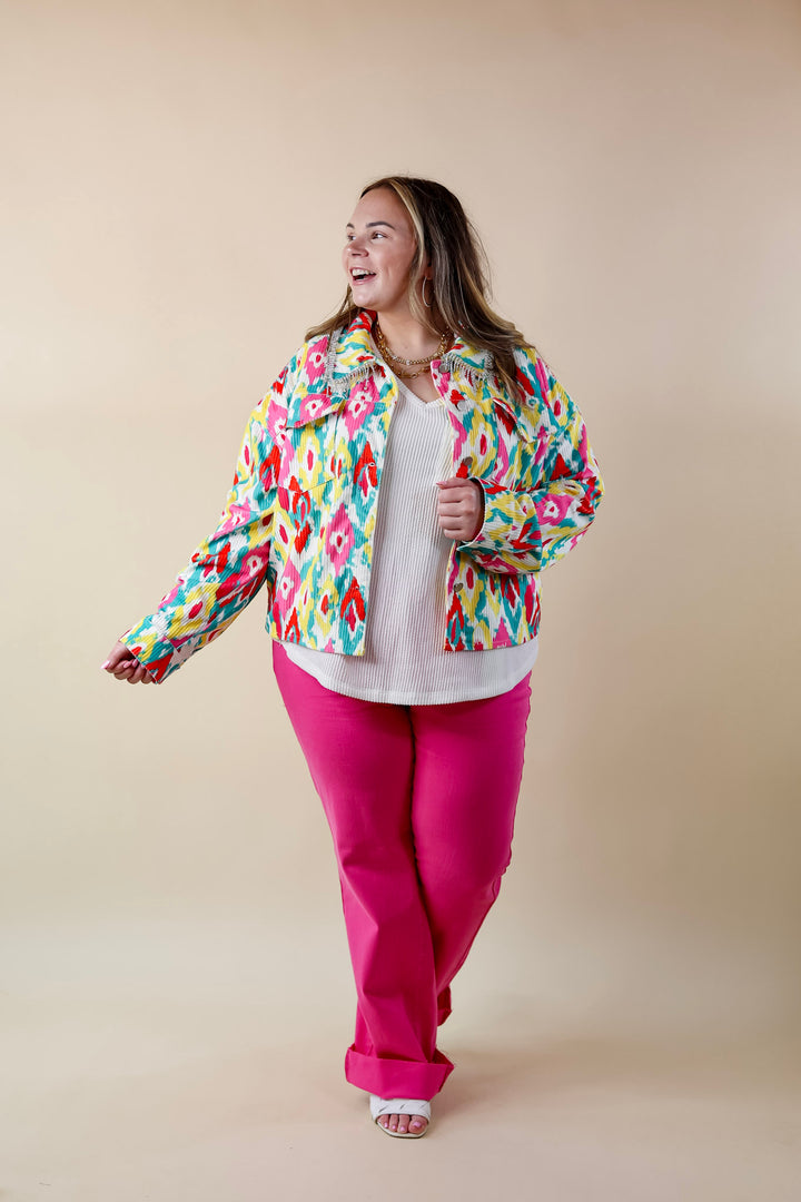 Chic Discovery Button Up Corduroy Jacket with Crystal Fringe in White Print - Giddy Up Glamour Boutique