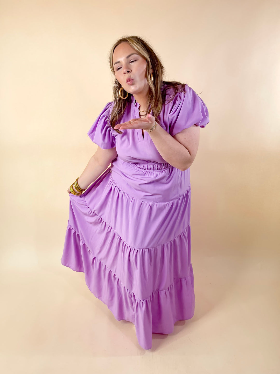 Table for Two Tiered Maxi Dress with Puff Sleeves in Lavender Purple - Giddy Up Glamour Boutique