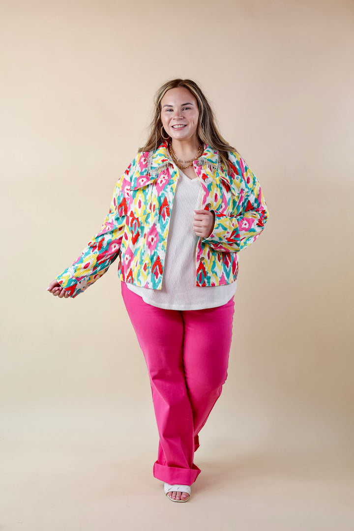 Chic Discovery Button Up Corduroy Jacket with Crystal Fringe in White Print - Giddy Up Glamour Boutique