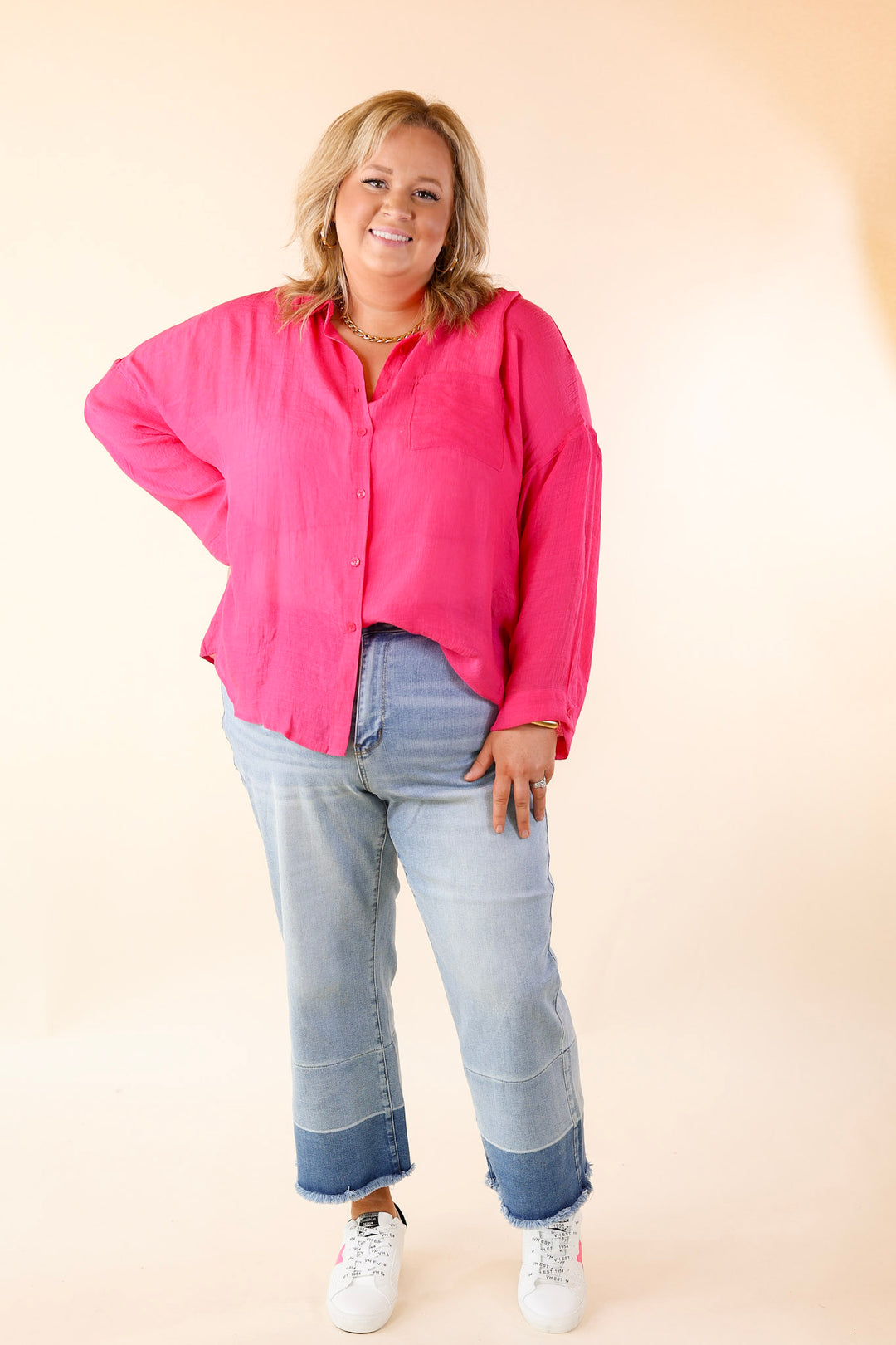 Look on the Bright Side Button Up Long Sleeve in Hot Pink - Giddy Up Glamour Boutique