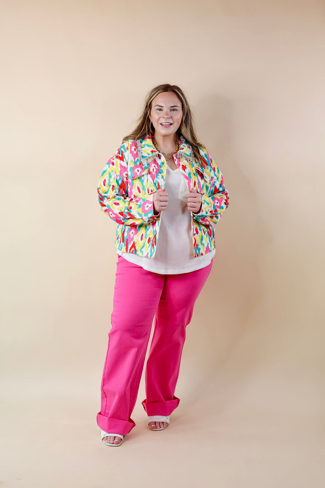 Chic Discovery Button Up Corduroy Jacket with Crystal Fringe in White Print - Giddy Up Glamour Boutique