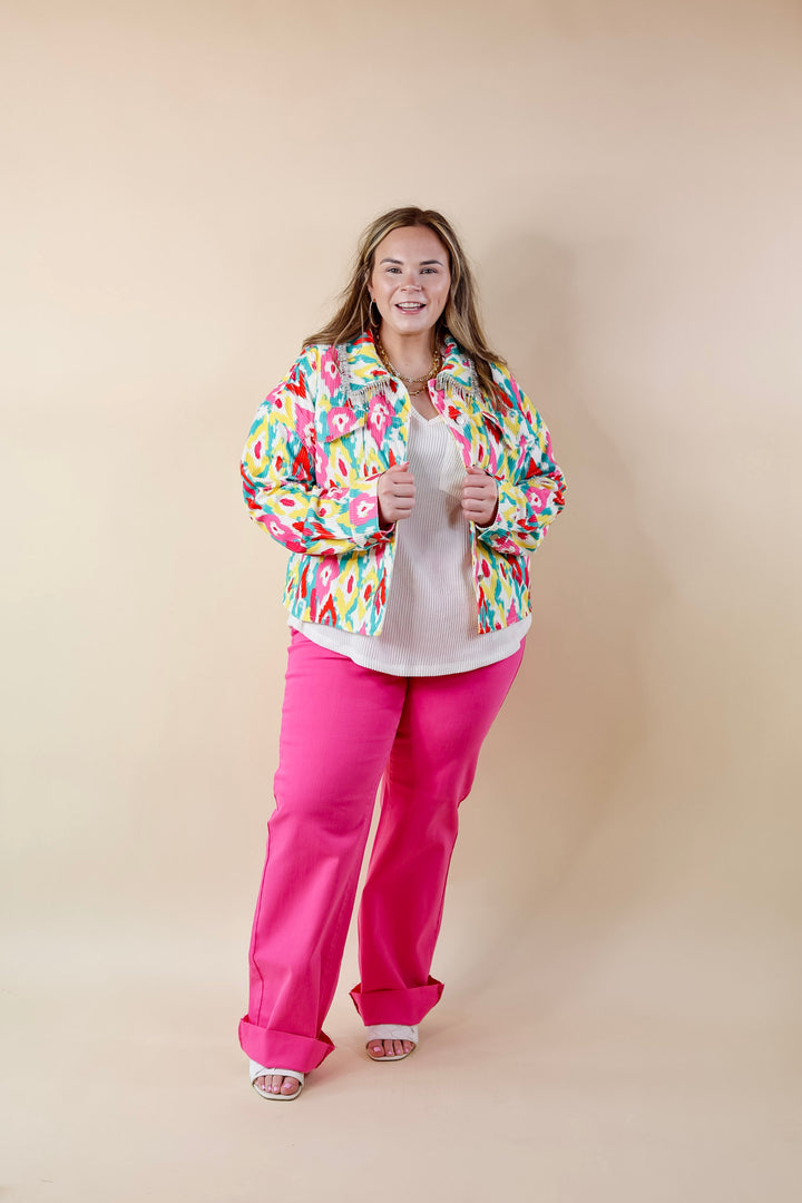 Chic Discovery Button Up Corduroy Jacket with Crystal Fringe in White Print - Giddy Up Glamour Boutique