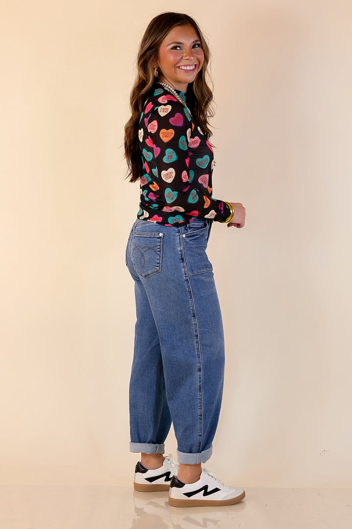 Sheer Confidence Western Theme Conversation Heart Print Mesh Long Sleeve Top in Black