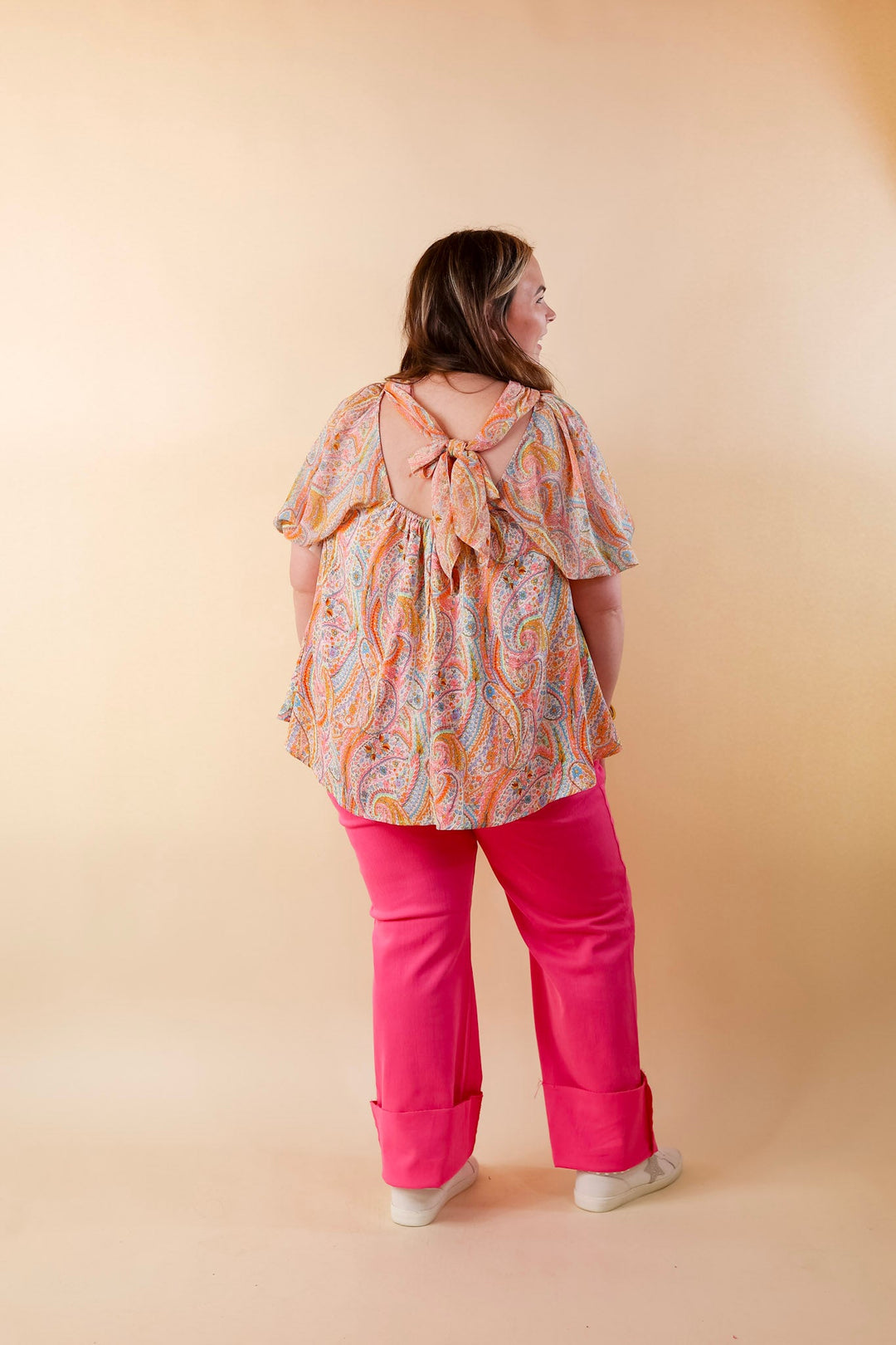 Malibu Pier High-Neck Short Sleeve Top with Open Tie Back in White Multi - Giddy Up Glamour Boutique