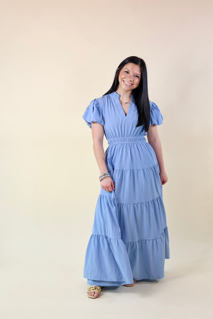 Table for Two Tiered Maxi Dress with Puff Sleeves in Chambray Blue - Giddy Up Glamour Boutique