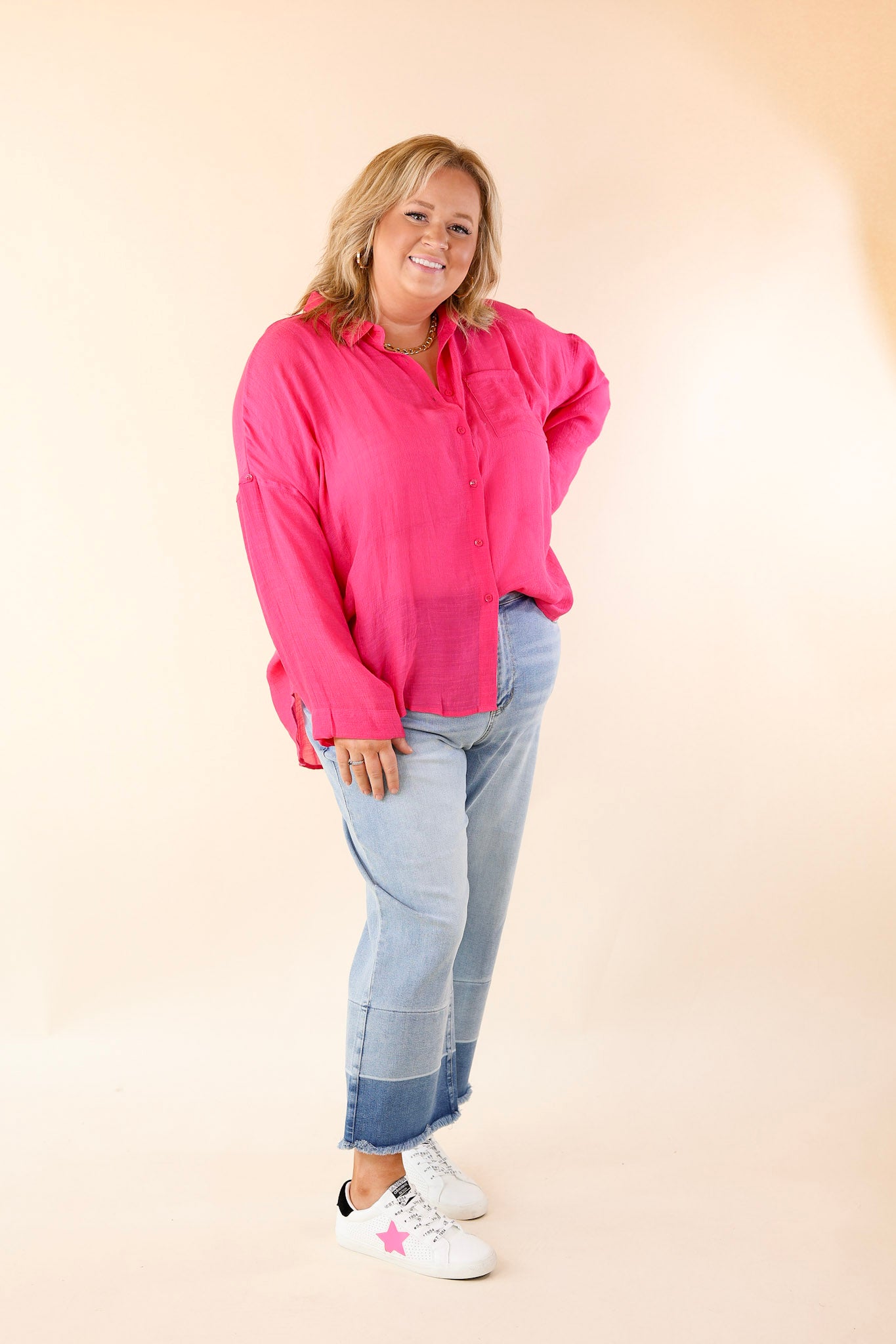 Look on the Bright Side Button Up Long Sleeve in Hot Pink - Giddy Up Glamour Boutique