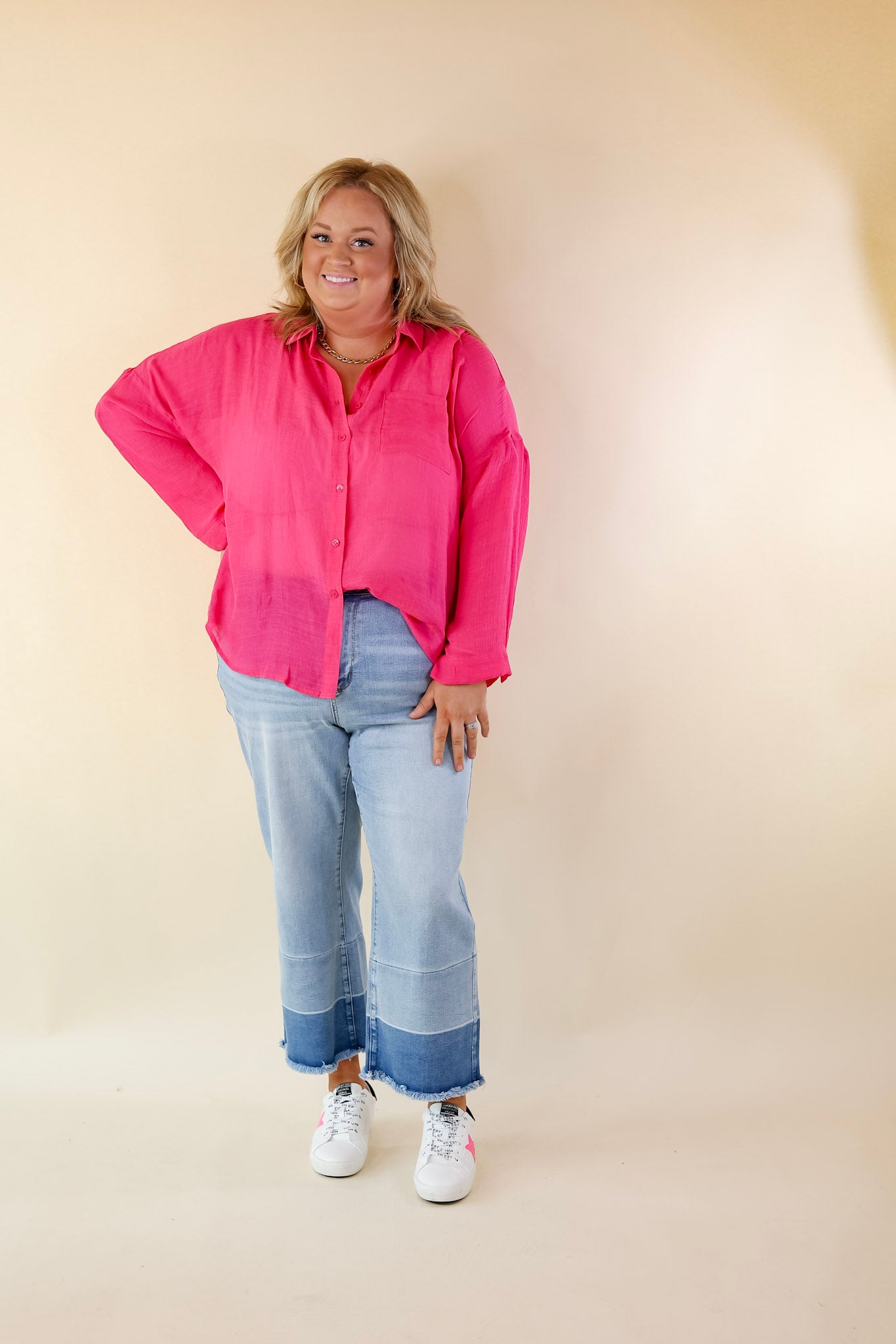 Look on the Bright Side Button Up Long Sleeve in Hot Pink - Giddy Up Glamour Boutique