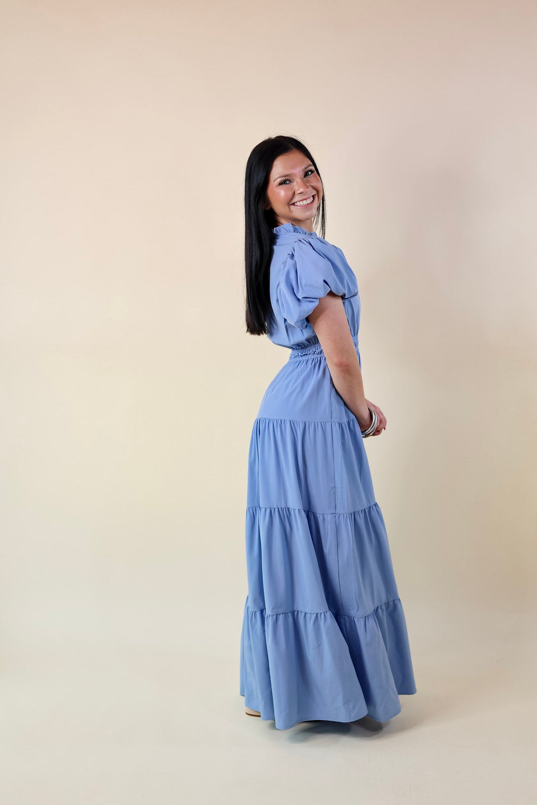 Table for Two Tiered Maxi Dress with Puff Sleeves in Chambray Blue - Giddy Up Glamour Boutique