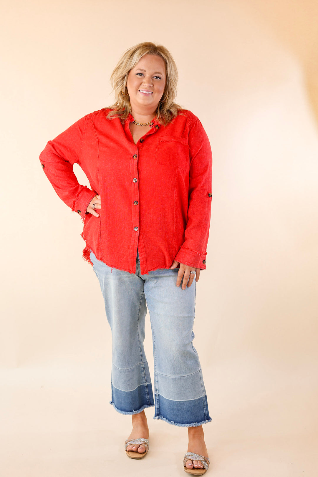 Classic Comfort Long Sleeve Linen Button Up in Cherry Red - Giddy Up Glamour Boutique