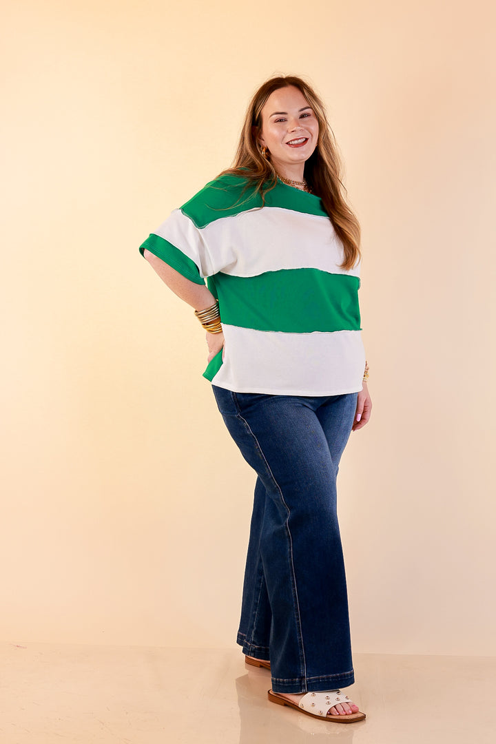 Simply Striking Color Block Rugby Style Wide Stripe Relaxed Short Sleeve Top in Kelly Green