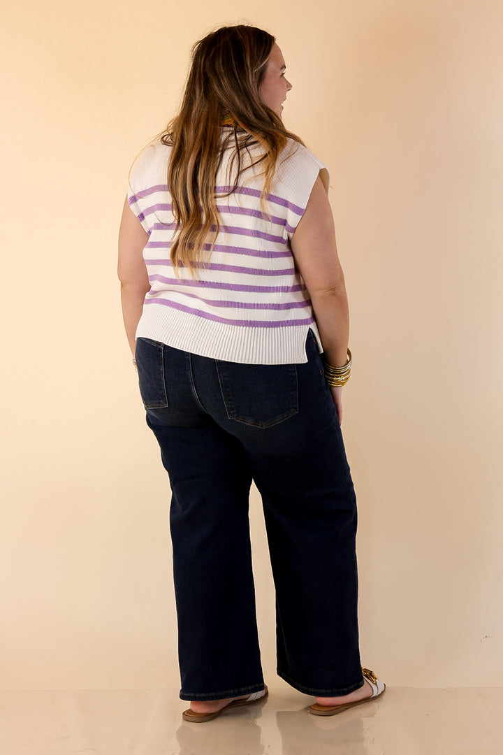 Stripe Things Up Drop Shoulder Knit Sweater in White with Lavender Purple Stripes