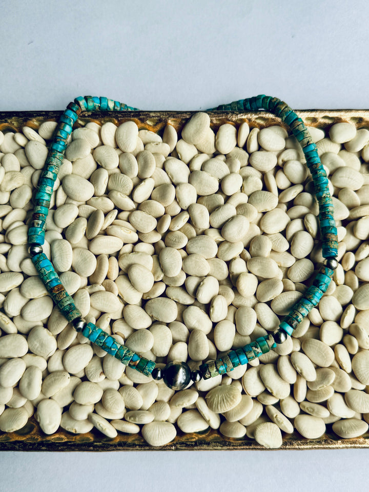 Desert Sky Kingman Turquoise Necklace with Navajo Pearls - Blue Tones