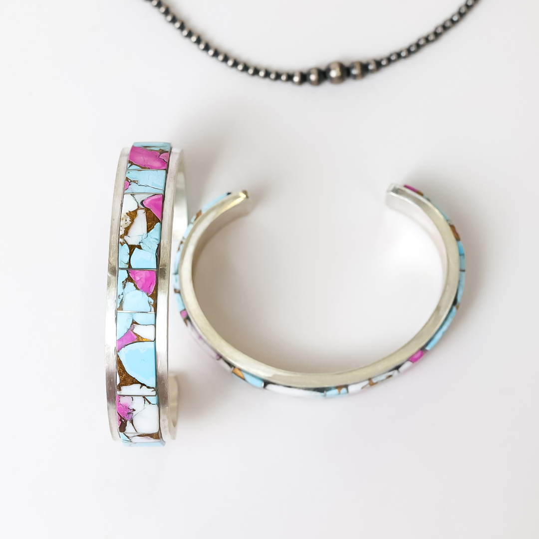 Steve Francisco | Navajo Handmade Sterling Silver Cuff Bracelet with Cotton Candy Inlay Stone