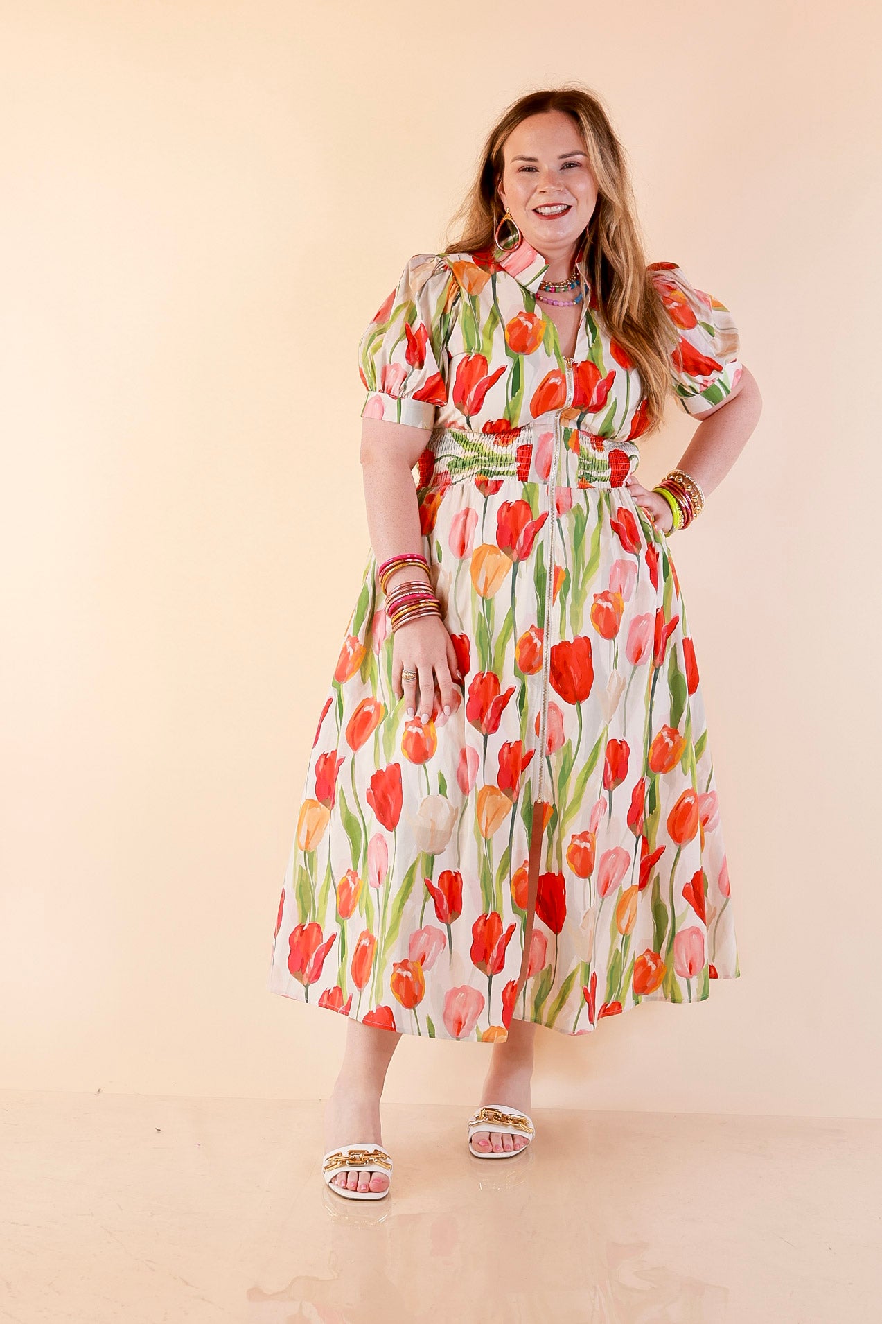 Midi Tulip Print Dress with Smocked Waist and Short Sleeves in