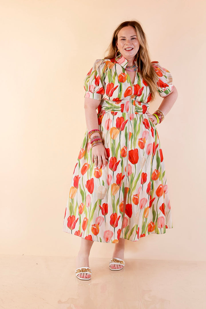 Modern Charm Zip Front Midi Tulip Print Dress with Smocked Waist and Short Sleeves in Cream
