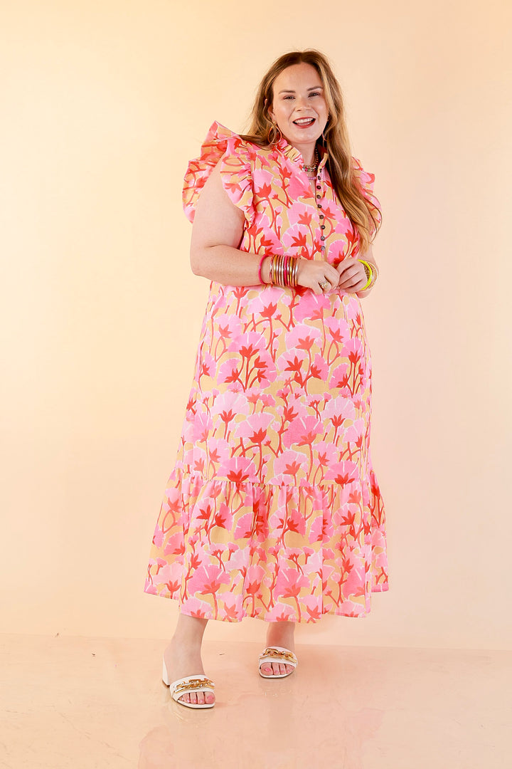 Chasing Sunshine Floral Print Ruffle Sleeve Midi Dress with Button Front and Tiered Hem in Pink, Yellow and Coral Orange