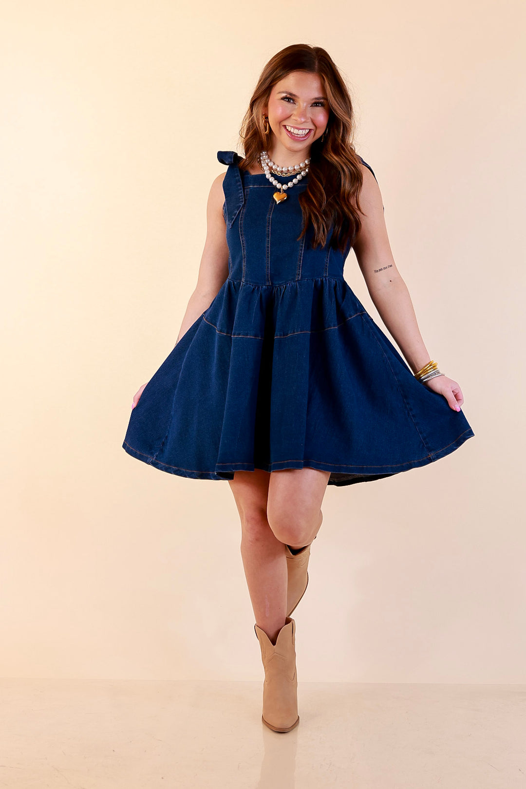 Denim Daydream Tie Shoulder Square Neck Tiered Corset Denim Mini Dress in Dark Wash