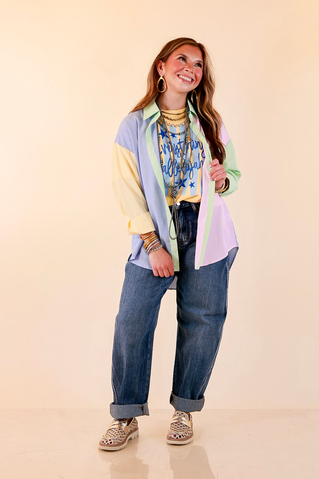 GUG Original | Sweet Harmony Long Sleeve Button Down Color Block Pinstripe Shirt in Bright Mix