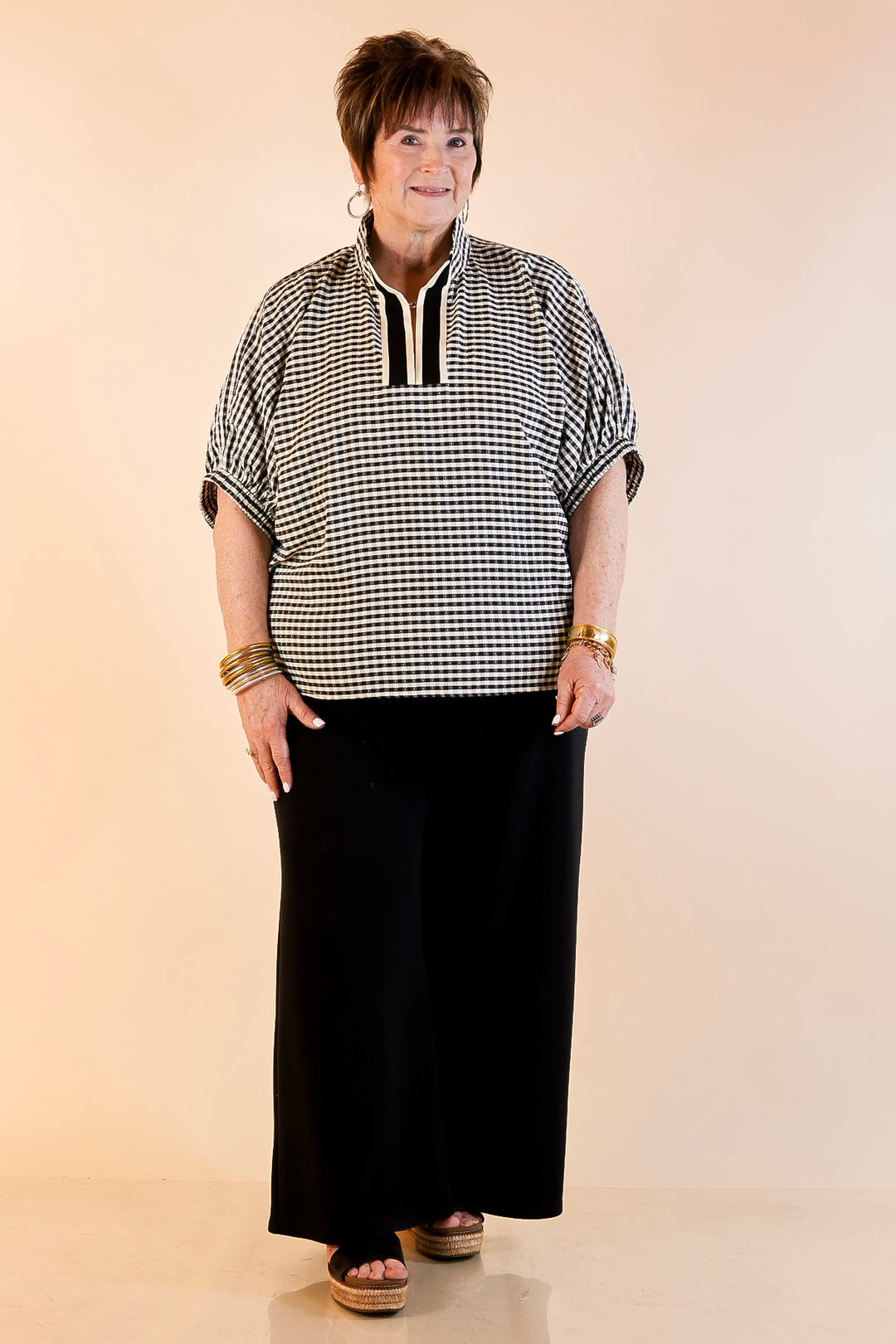 Naturally Stylish Gingham Plaid Top with Contrast Stripe Trim and Short Dolman Sleeves in Black