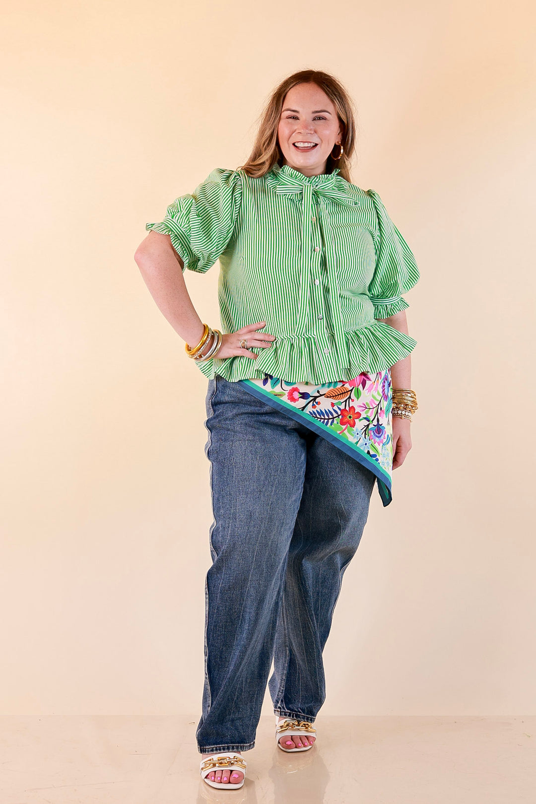 Tea Time Charm Tie Neck Puff Sleeve Peplum Button Front Stripe Blouse in Kelly Green
