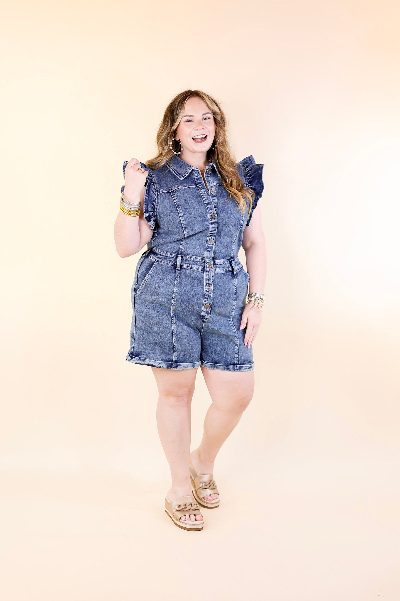 Feminine Flair Denim Romper with Ruffles and Collar in Medium Wash